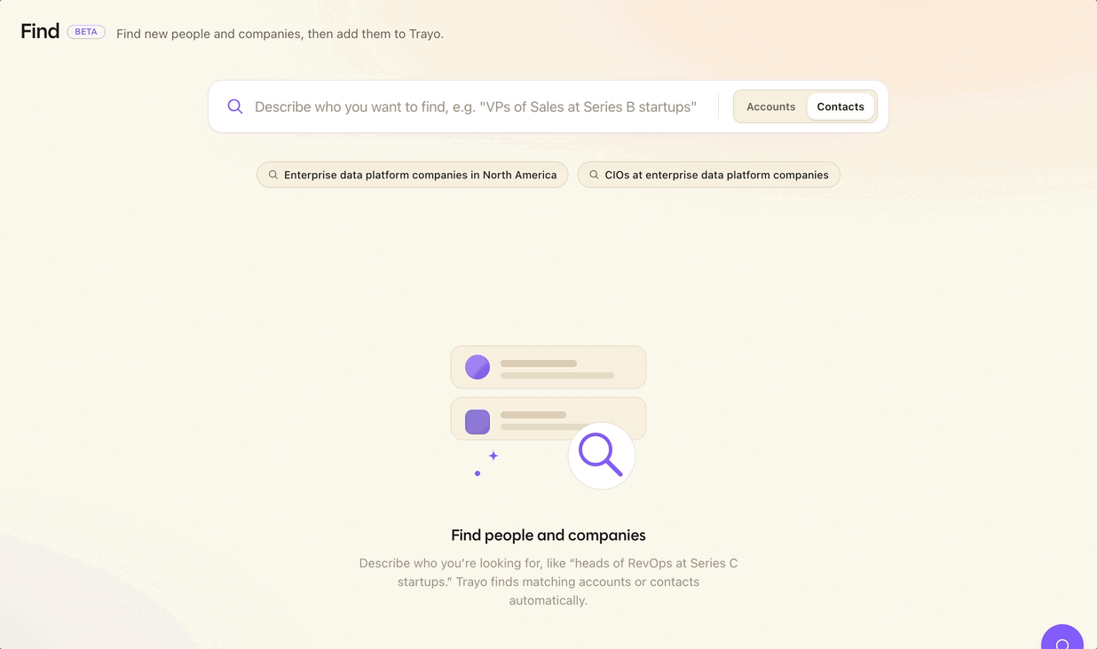 Typing a natural-language query into the Find page and adding results to Trayo with one click.