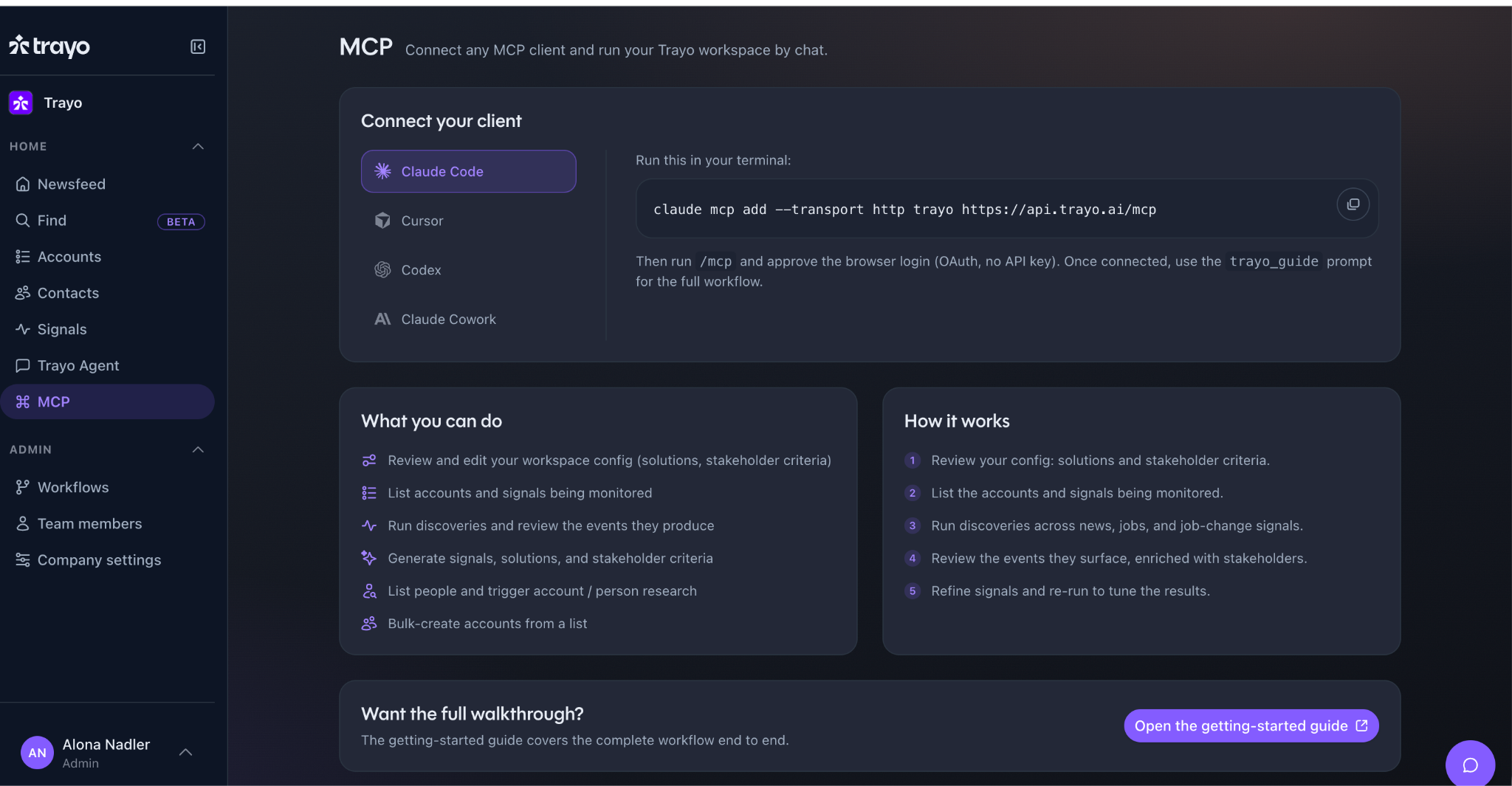 The Trayo MCP page with a one-line command to connect Claude Code, Claude Desktop, or Cursor.