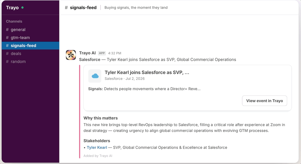 Trayo workflow events arriving in a Slack channel as scannable cards.